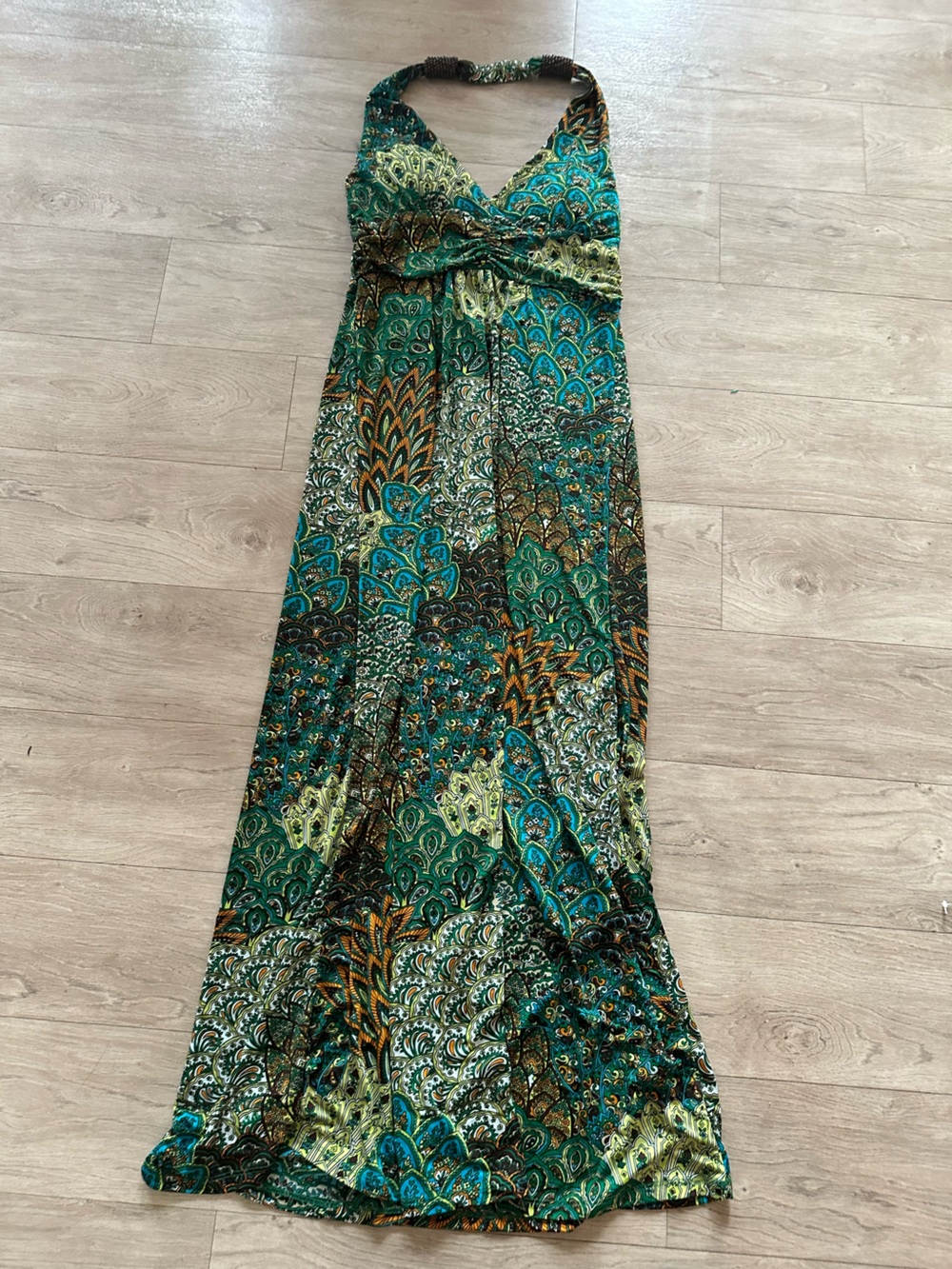 Cristinalove Teal and Green Maxi Dress Skirt with Boho Print